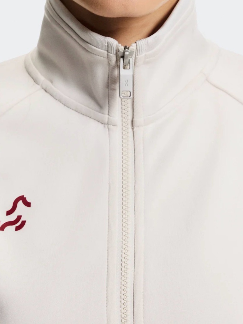 On Running Women's Cream Zip-Up Bomber Jacket with Maroon Logos - Picture 2 of 5